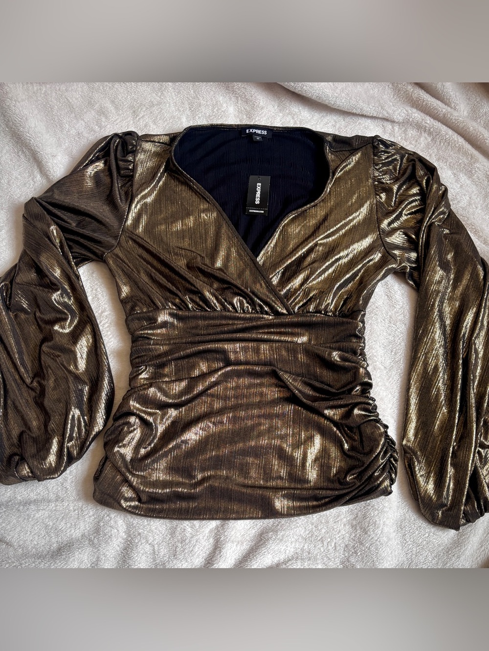 Express NWT Metallic Gold Bronze Ruched Puff Sleeve Party Top Small Holiday